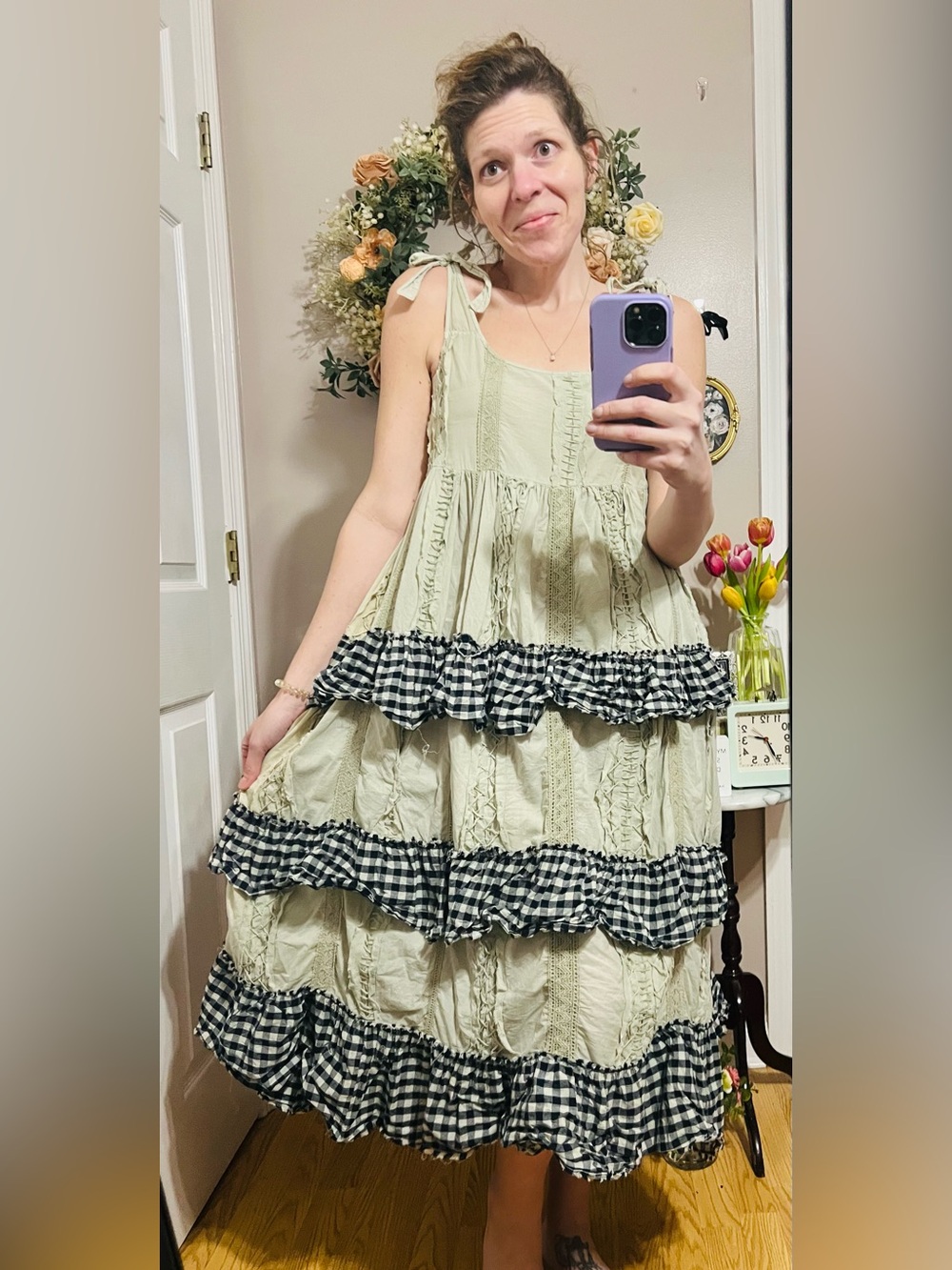 NWOT- A Rare Bird - Sage Gingham Ruffle Slip Dress